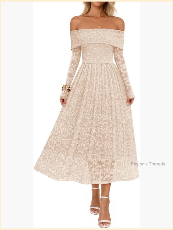 Dresses & Skirts - Off Shoulder Long Sleeve Floral Midi Dress A-Line Flowy Wedding Guest Formal